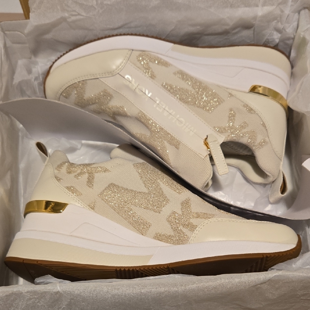 NEW Michael Kors Cream and Gold Wedge Slip-On Sneakers - Picture 8 of 8